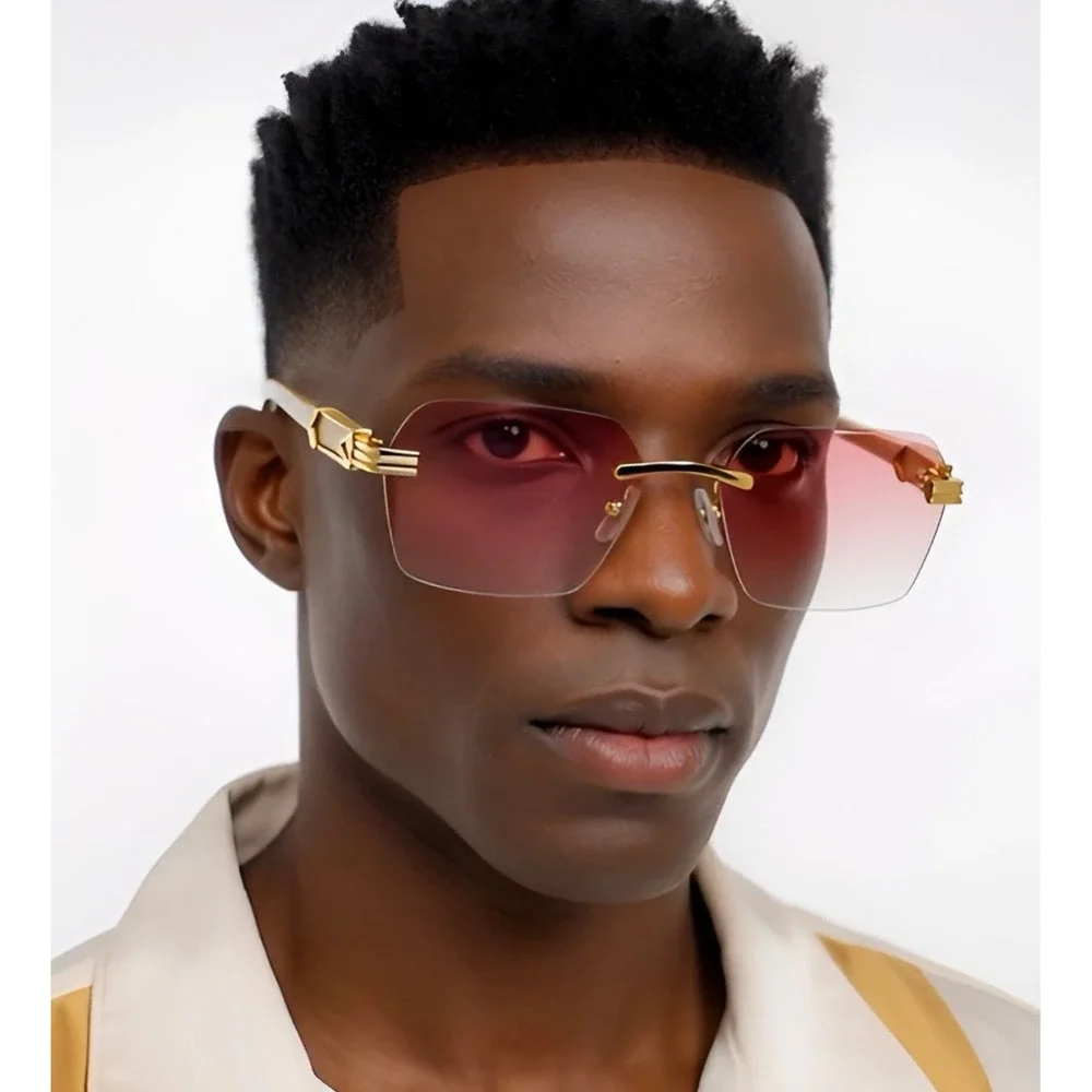 Men Sunglasses Rectangular Diamond Cut Sophisticated Pink Lens Marble Arms UV400